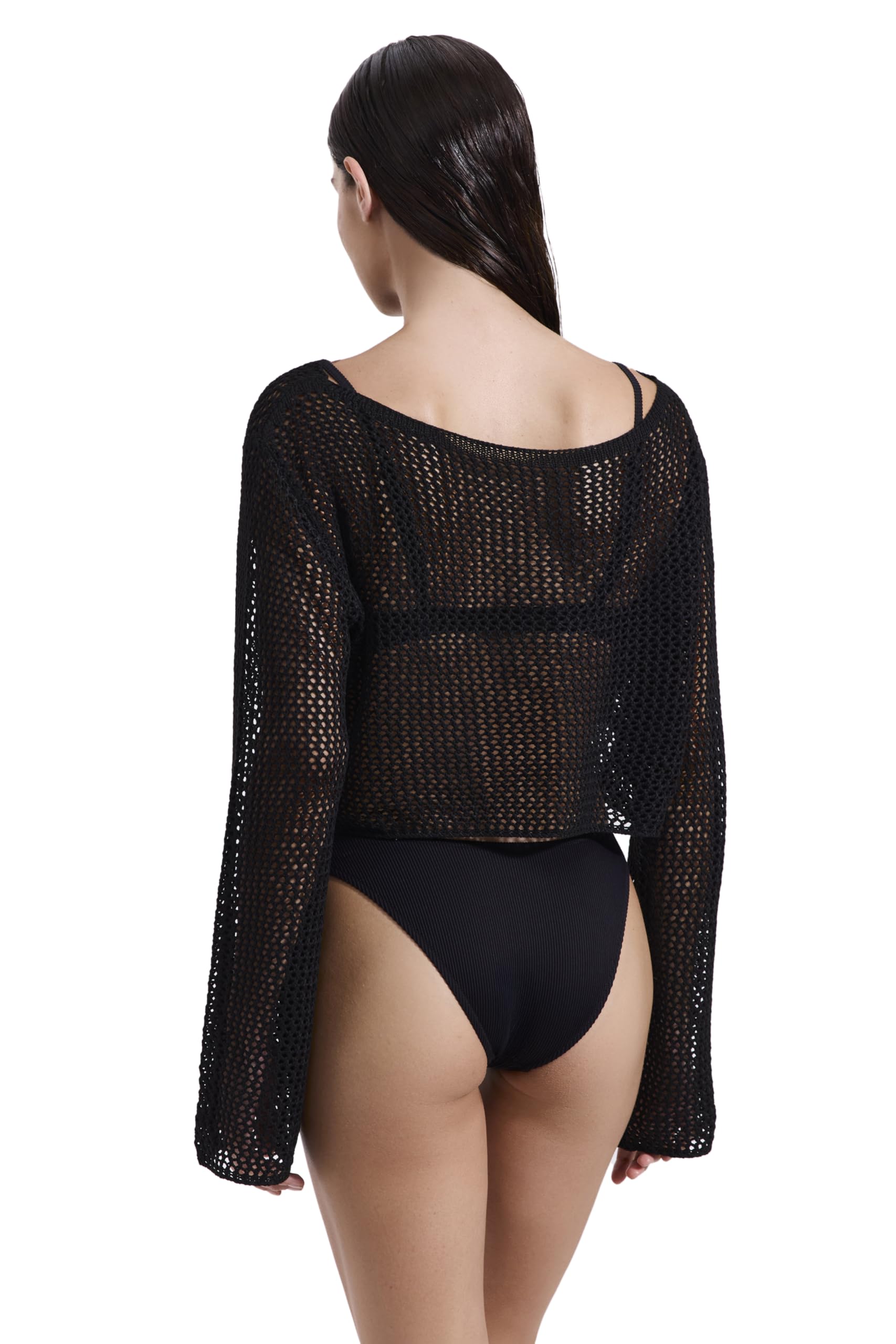 Gottex Luma Net Crochet Crop Top Cover-Up- Boat-Neckline, Long Sleeves, Wide Sleeves, Cropped Fit, One Size Fits Most - Image 3