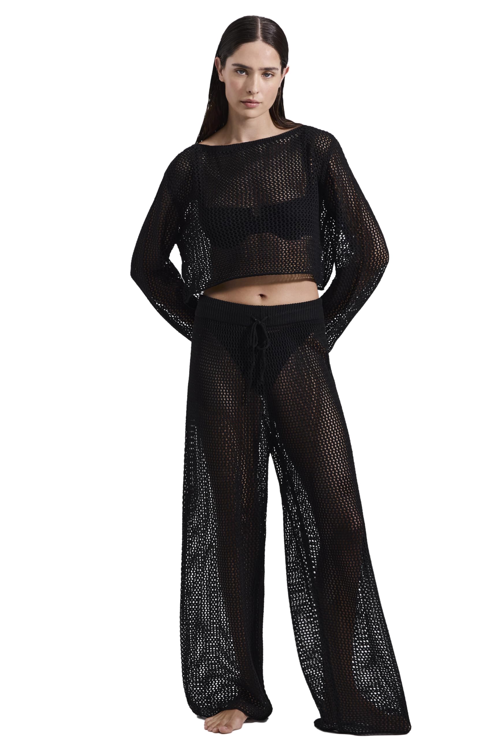 Gottex Luma Net Crochet Crop Top Cover-Up- Boat-Neckline, Long Sleeves, Wide Sleeves, Cropped Fit, One Size Fits Most - Image 5